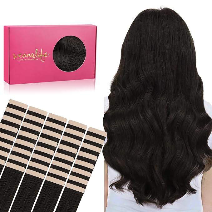 WENNALIFE Tape in Hair Extensions, 40pcs 60g 10 Inch Dark Brown Straight Human Hair, Invisible Reusable Real Extensions