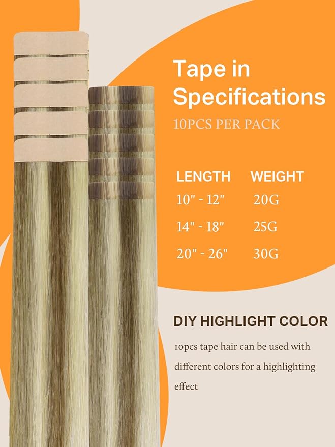 DOORES Tape in Human Hair Extensions, Light Brown Highlighted Medium Blonde 20 Inch 30g 10pcs, Seamless Tape in Hair Invisible