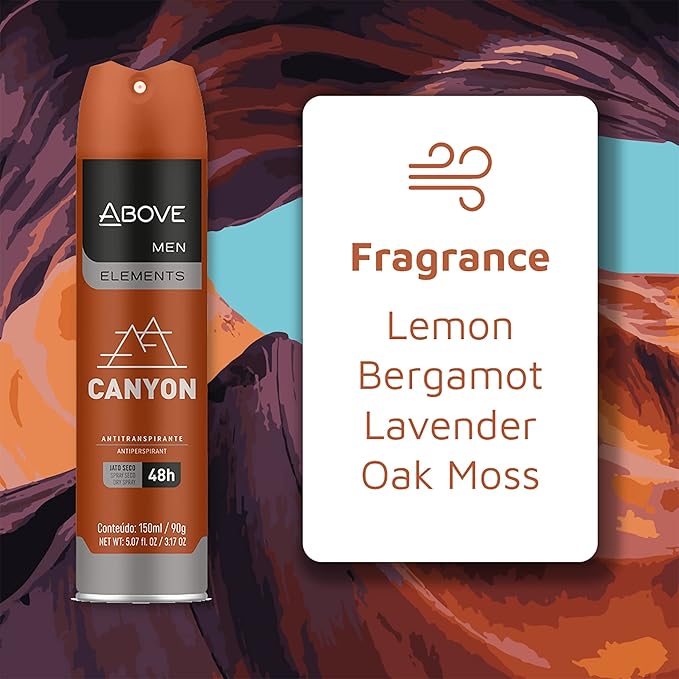 ABOVE Canyon - 48 Hours Antiperspirant Deodorant for Men - Notes of Bergamot, Lemon and Apricot - Dry Spray Protects Against Sweat and Body Odor - Stain and Cruelty Free - 3.17 oz