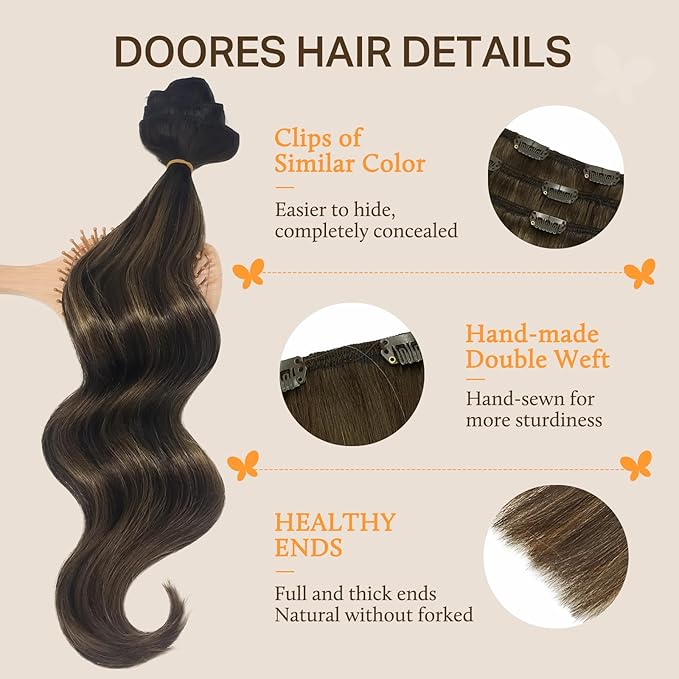 DOORES Clip in Hair Extensions - Real Human Hair, Balayage Dark Brown to Chestnut Brown, 12 Inch, 7pcs, 80g, Natural Straight Hair