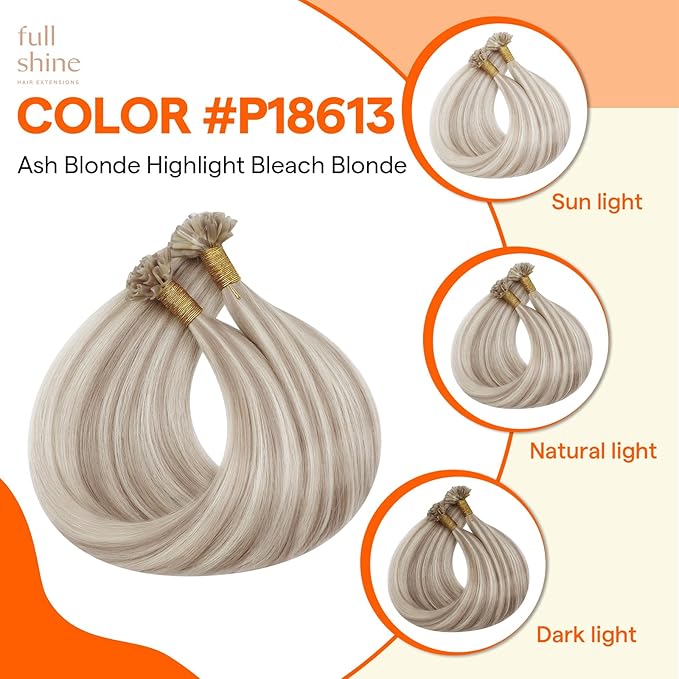 Full Shine U Tip Hair Extensions 14 Inch Color 18 Ash Blonde Highlighted with 613 Blonde 40 Grams Keratin Hair Extensions Human Hair for Women Fusion Extensions