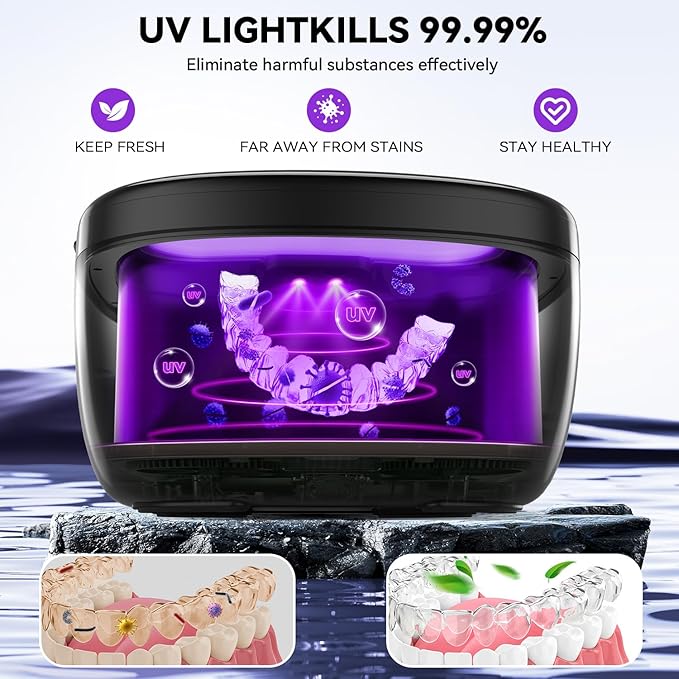 Ultrasonic Retainer Cleaner, 45kHz Dental Cleaning Pod for Dentures, Aligners, Night Guards & Jewelry, 150ML Denture Cleaner 2 Timed Modes & Travel Design