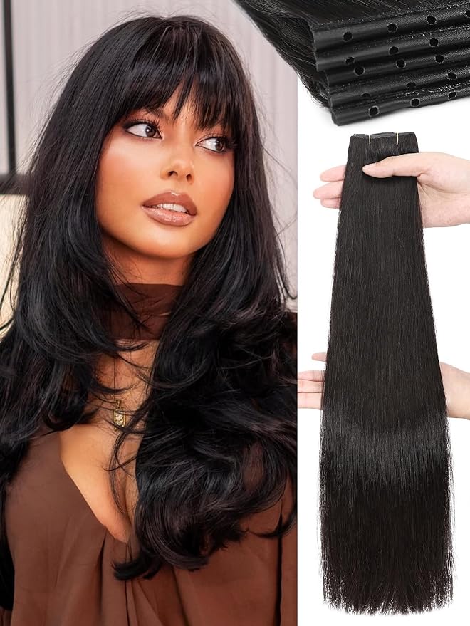 WIGNEE OVO Black Hair Extensions 20 Inch,100% Remy Human Hair,Double Hand-Tied Genius Glueless Weft,Seamless Soft Silky Hair Extensions,Add Volume for Thin Hair,Reusable Salon Quality for White Women