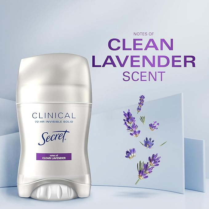 Secret Clinical Strength Antiperspirant Deodorant for Women, 3X Stress Protection, 72hr Sweat & Odor Protection, PH Balancing Minerals, lnvisible Solid, Clean Lavender Scent, 1.6 oz (Pack of 3)