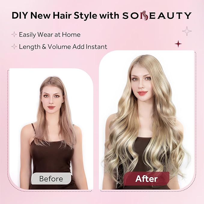 Clip in Hair Extensions Real Human Hair, Silky Remy Hair Extensions Clip Ins, Salon Quality Natural Human Hair, Light Blonde Highlighted Golden Blonde #P16/22 16Inch 120G 7PCS