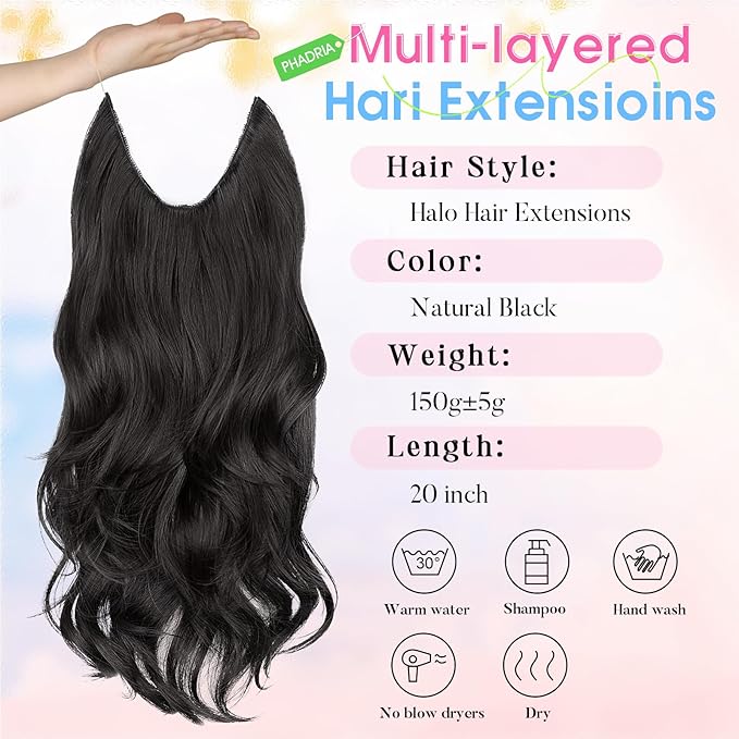 Invisible Wire Hair Extensions Layered Long Wavy Natural Black Hairpiece for Women Transparent Wire Adjustable Size 6 Secure Clips Invisible Headband Hair Extension 20 Inch