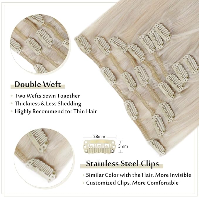 Full Shine Blonde Clip in Hair Extensions for Women Platinum Blonde Hair Extensions Clip in Real Human Hair Full Head Triple Weft 14 Inch 120 G 7 Pcs