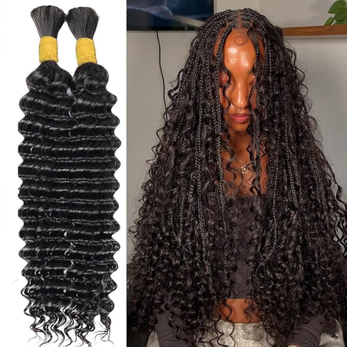 24 Inch Human Braiding Hair 100g Deep Wave Bulk Human Hair for Braiding Brazilian Virgin Human Hair Bundles Wet and Wavy Bundles No Weft Curly Human Hair Extensions for Boho Braids Natural Black