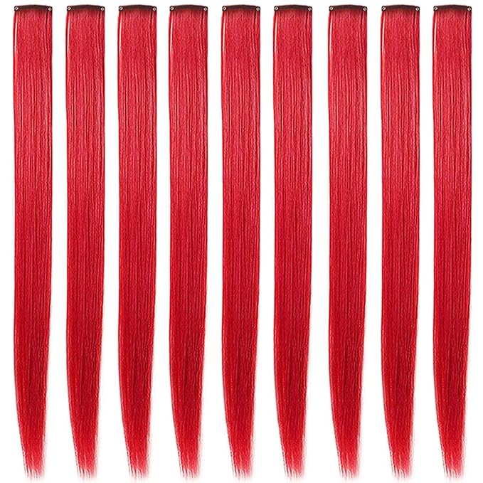 10 PCS 20 inch Colorful Party Highlights Clip in Red Hair Extensions Straight Synthetic Hairpieces for Women Kids Girls Hair Accessories Wig Pieces (Red)