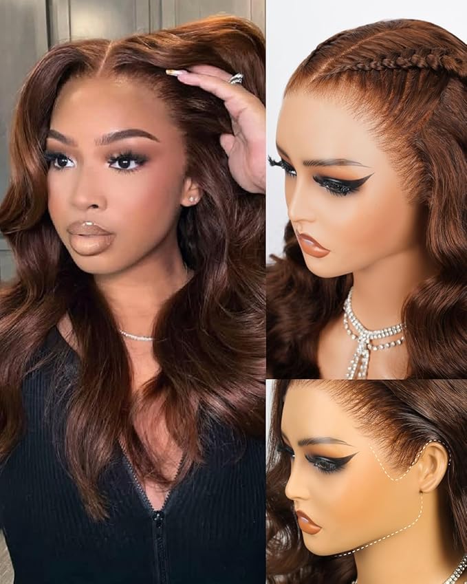 13x6 Chocolate Brown Lace Front Wig 220% Density Body Wave Lace Front Wigs Human Hair Pre Plucked Ear-to Ear HD Frontal Brown Drawstring Wig Human Hair 4# 20 Inch
