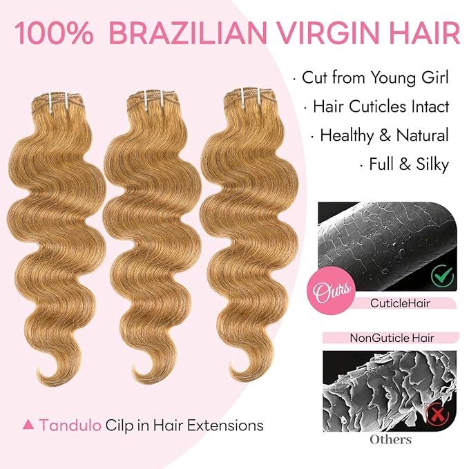 Clip in Hair Extensions Real Human Hair Body Wave 27 Honey Blonde Clip in 100% Brazilian Remy Human Hair Extensions 8pcs Per Set with 18 Clips Double Weft 24 Inch 120g/3.6oz