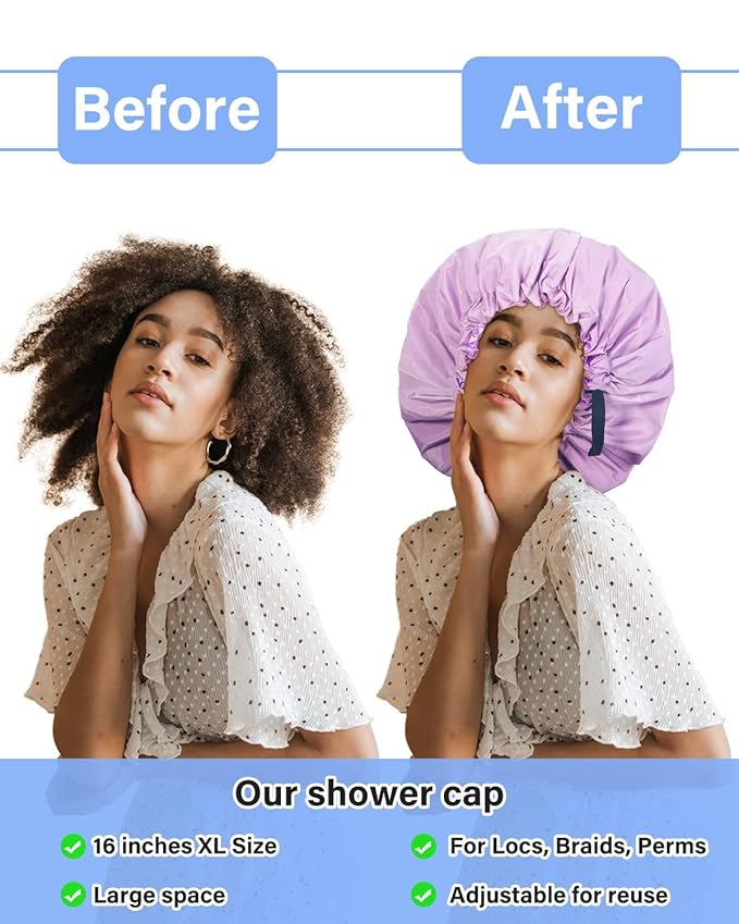 Aquior Shower Cap,Extra Adjustable Shower Caps for Women Double-Layer Waterproof Reusable Hair Cap, Large Size Hair Cap for All Hair,for Girls Spa Bath,Soft and Comfortable (Purple)