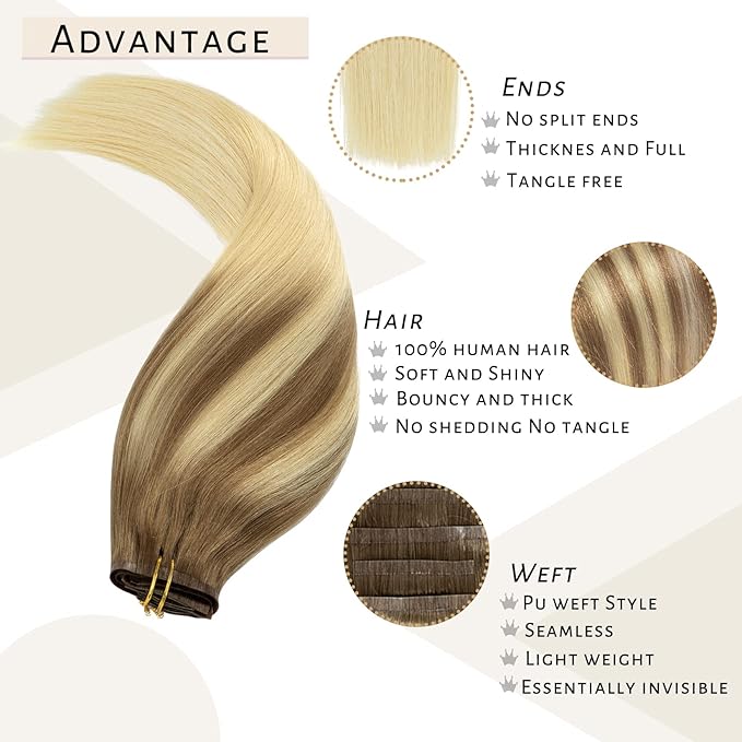 Caliee PU Clip in Hair Extensions Real Human Hair 22Inch Soft Thick Straight Clip in Hair Extensions Human Hair B8/60A Light Brown to Platinum Blonde Remy Human Hair Clip in Hair Extensions 110G