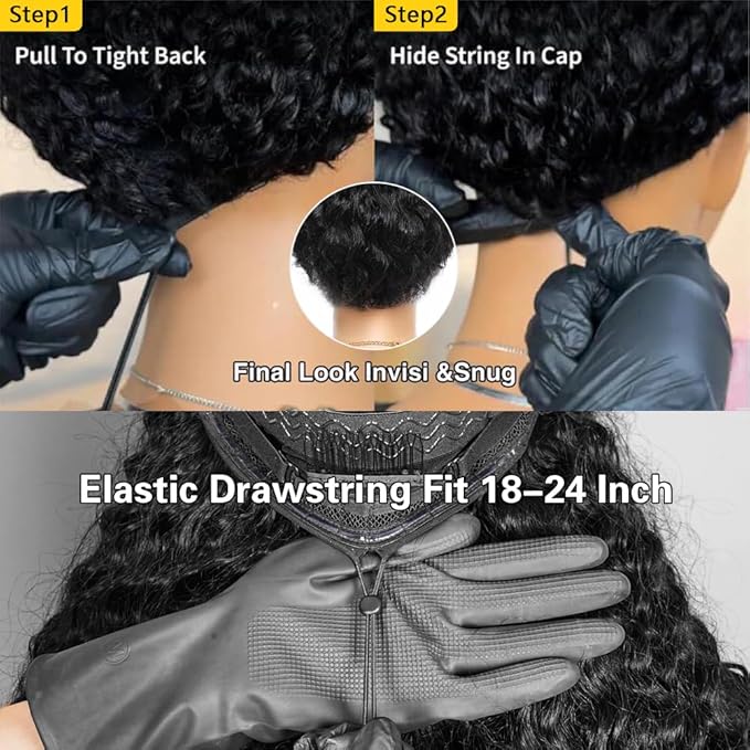 Wear and Go Glueless Wigs Human Hair Pre Plucked Pre Cut 7x5 HD Lace Deep Wave Lace Front Wigs Human Hair for Black Women 200% Density Glueless Drawstring Wig 16 Inch Beginner Friendly