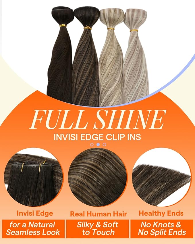 Full Shine Balayage Clip in Hair Extensions PU Weft Ombre Chestnut Brown Highlights Platinum Blonde 22 Inch Inject Clip ins Natural Hair Add Volume 120 G 6 PCS