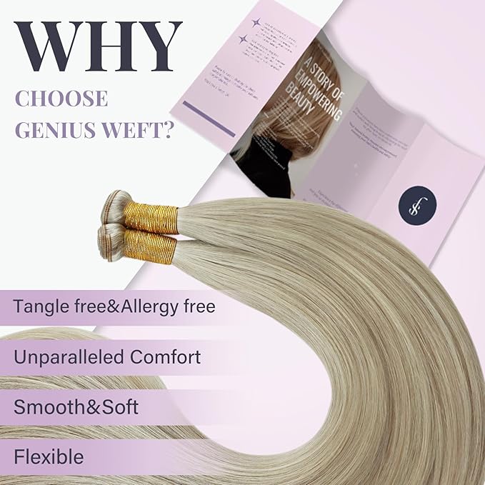 Fshine Genius Weft 16 Inch 50g Ash Blonde Highlighted Bleach Blonde Sew in Hair Extensions Remy Human Weave Real Human Hair for Women Genius Weft Natural