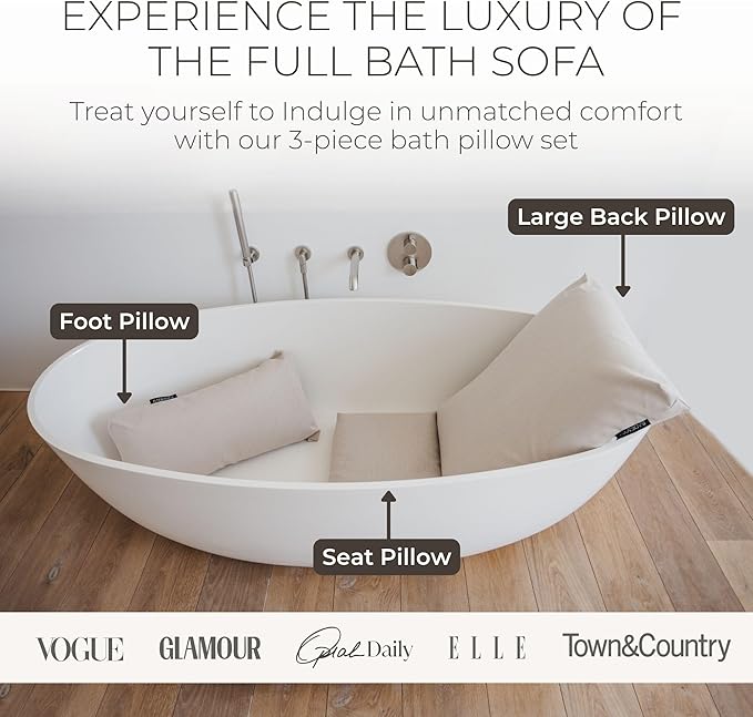 BADESOFA® Luxury Bath Pillows for Tub Full Body Set - 3-Piece Bath Pillow Set with Premium Materials & CleanDry+ - Bathtub Pillows for Head and Neck Support - Tub Pillow for Bathtub in Beige
