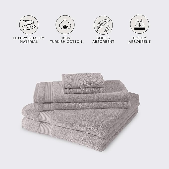 Classic Turkish Towels CTT - Luxury 6 Piece Towel Set, 100% Turkish Cotton, Quick Drying, Highly Absorbent & Comfy, Includes 2 Bath Towels, 2 Hand Towels & 2 Washcloths | (Light Grey)