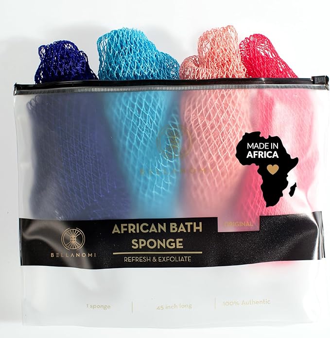 BELLANOMI 4 Piece African Exfoliating Net Sponge Long African Bath Sponge, Authentic Ethically Sourced from Nigeria, Great for Daily Use (Navy Blue, Baby Blue, Blush, Pink)