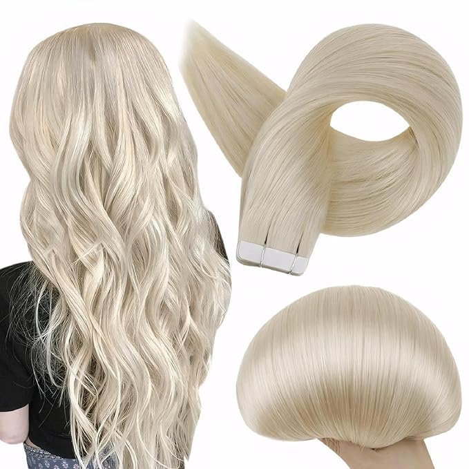 Full Shine Fashion Tape Hair Extensions Real Human Hair Couture Short 12 Inch Color 60 Platinum Blonde in Remy 20 Pcs 30G Thick Ends Piece Invisible Seamless Human Hair Extensions Tape in
