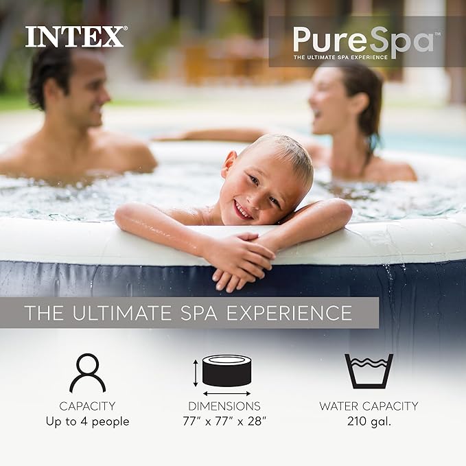 INTEX 28429EP PureSpa Plus Bubble Massage Spa Set: Includes – 2 Contoured Headrest – LED Light – 4 Person Capacity – 77" x 28"