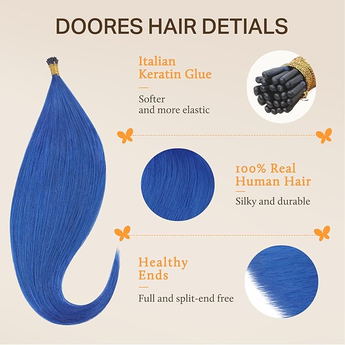 Doores Itip Hair Extensions, Blue 22 Inch 25g/25s, Keratin Hair Extensions, Real Human Hair Extensions
