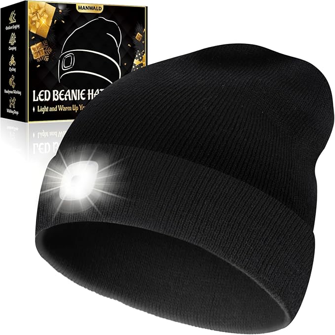 LED Beanie Hat with Light, USB Rechargeable LED Headlamp, Gifts for Men, Christmas Stocking Stuffers for Men Adults, Birthday Gifts for Him Dad Husband, Boyfriends, Black
