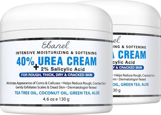 Ebanel Urea Cream 40% plus Salicylic Acid 2%, Foot Cream for Dry Cracked Heels Feet Knees Elbows Hands, Foot Dead Skin Cuticle Callus Remover Toenail Softener, Keratolytic Skin Barrier Repair, 2-Pack