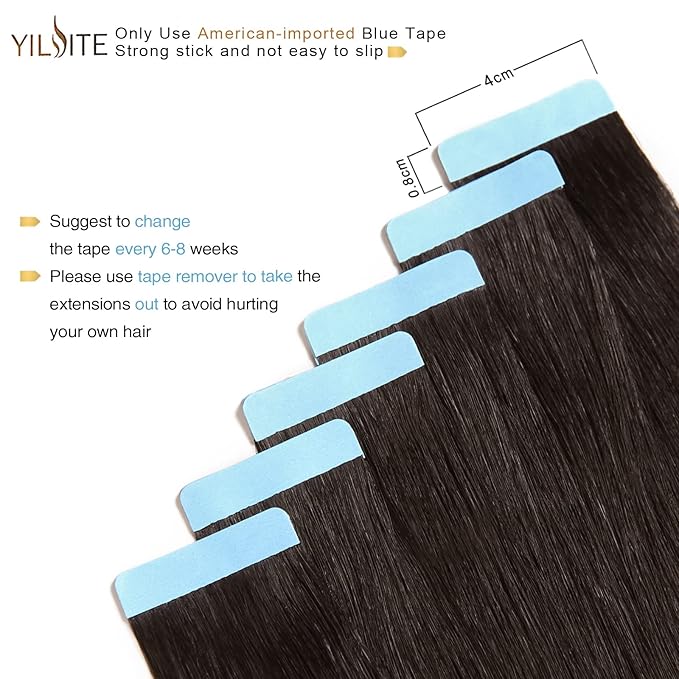 YILITE Off Black Tape in Hair Extensions Human Hair,20 inch 20pcs 50g Silky Straight Tape ins,Seamless Skin Weft Tape in Human Hair Extensions,Natural Black Tape in Extensions Real Human Hair