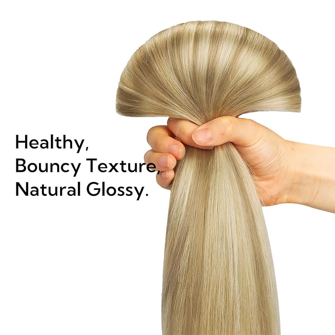 HOTBANANA Clip in Hair Extensions Real Human Hair, 140g 9pcs 14 inch Light Blonde Highlighted Golden Blonde(Ash Tone) Clip in Human Hair Extensions Straight Remy Hair Extensions Full Head