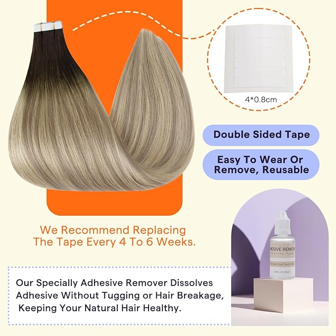 Full Shine Tape in Hair Extensions Human Hair 20 Inch Invisible Tape in Extensions Color 2/18/60 Brown Ombre Blonde 50g Remy Natural Hair Extensions Real Human Hair Tape Ins 20PCS for Women