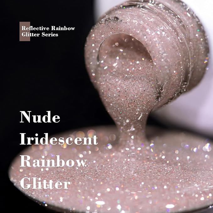 RARJSM Reflective Rainbow Glitter Gel Nail Polish Nude Gray Brown Sheer Jelly Gel Polish Flash Diamond Sparkle Silver Shimmer Pigment Soak off Curing Requires 15ml Single Bottle for Home Salon