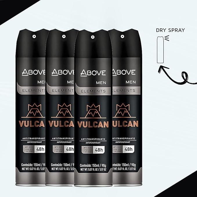 ABOVE Vulcan 48 Hours Antiperspirant Deodorant - Dry Spray for Men - Notes of Sage, Pink Pepper and Basil - Protects Against Sweat and Body Odor - Stain and Cruelty Free - 4 pc
