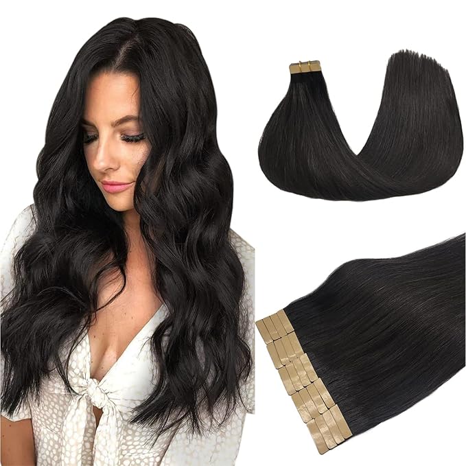 DOORES Hair Extensions Tape in Human Hair Extensions, Natural Black 10 Inch 30g 20pcs,Human Hair Extensions Tape in Straight Remy Hair Natural Hair Skin Weft