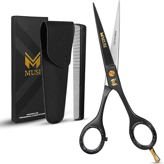 Barber Hair Cutting Scissors 6.5" – 420 Japanese Standard Stainless Steel Hair Scissors – Premium Shears for Professional Haircut – Black Sharp Shears with Hair and Beard Comb