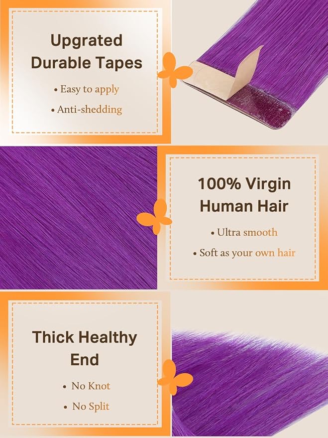 DOORES Human Hair Tape in Extensions, Purple 20 Inch 30g 10pcs, Tape in Remy Hair Extensions Skin Weft Natural Hair Extensions Straight Long Hair