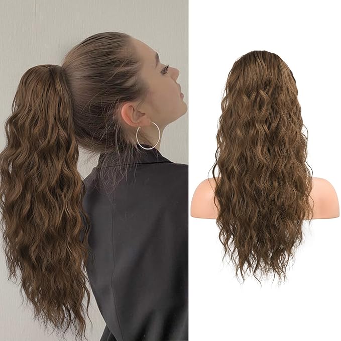 FLUFYMOOZ Ponytail Extension, 22 Inch Drawstring Ponytail Hair Extensions for Women， Long Curly Wavy Ponytail Natural Wavy Synthetic Hairpiece for Women (22 Inch Brown with Auburn)