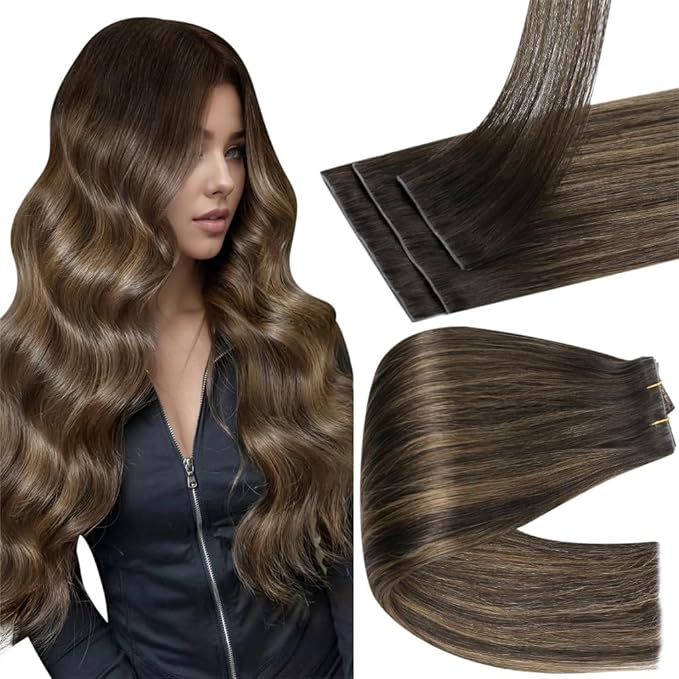 Full Shine Clip in Hair Extensions Balayage 18 Inch Inject Clip in Real Hair PU Weft Ombre Dark Brown to Light Brown with Blonde Hair Natural Ends 120 G 6 PCS