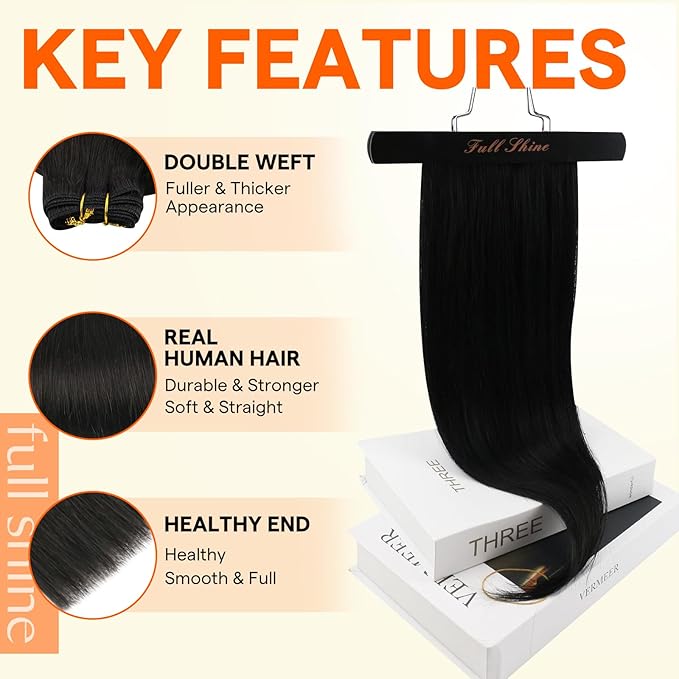 Full Shine Weft Hair Extensions Human Hair Sew In Extensions Color Off Black Remy Straight Hair Weft Extensions Real Hair Sew In Human Hair 20 Inch 105G Natural Black Hair