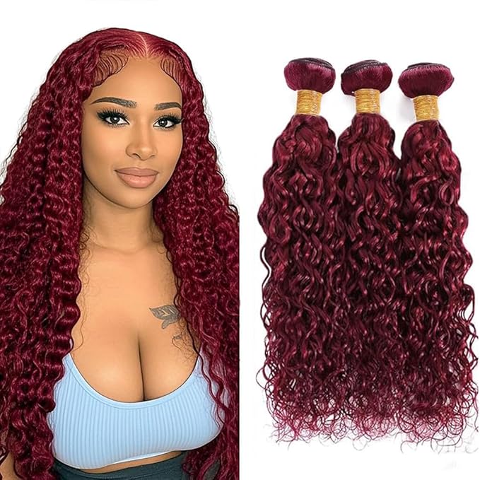 Red Bundles Human Hair Freiuoke 99J Water Wave 3 Bundles 22 24 26 Inch Burgundy Wet and Wavy Bundle Hair Extensions 150g