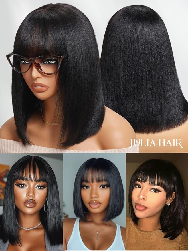 Julia Hair 14 Inch Light Yaki Straight Bob Wig with Bangs Human Hair Glueless 2x4 HD Lace Realistic Short Black Ready to Wear Blunt Cut Bob Wigs Natural for Black Women Beginner Friendly
