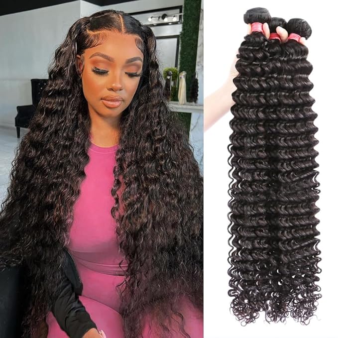 12A Deep Wave Human Hair Bundles 14 16 18 Inch Brazilian Curly 3 Bundles Human Hair 100% Unprocessed Virgin Wet and Wavy Hair Weave 1B Black