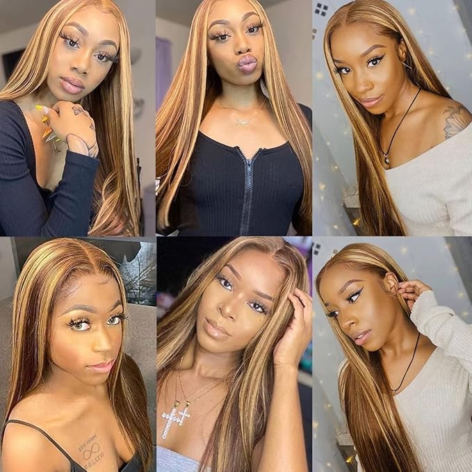 13x4 Highlight Lace Front Wigs Human Hair 4/27 Honey Blonde Lace Front Wig Human Hair 200% Density HD Transparent Ombre Lace Frontal Wigs Pre Plucked(24inch,4/27 13X4)
