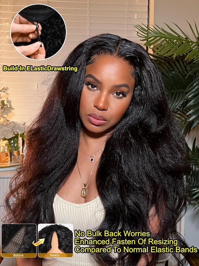 Sunber EasiContour Kinky Straight V Part Human Hair Glueless Wigs with Drawstring No Leave Out No Gel 180% Density Vpart light Kinky straight Clip In Half Wigs No Leave Out Real Scalp V Shape 16Inch