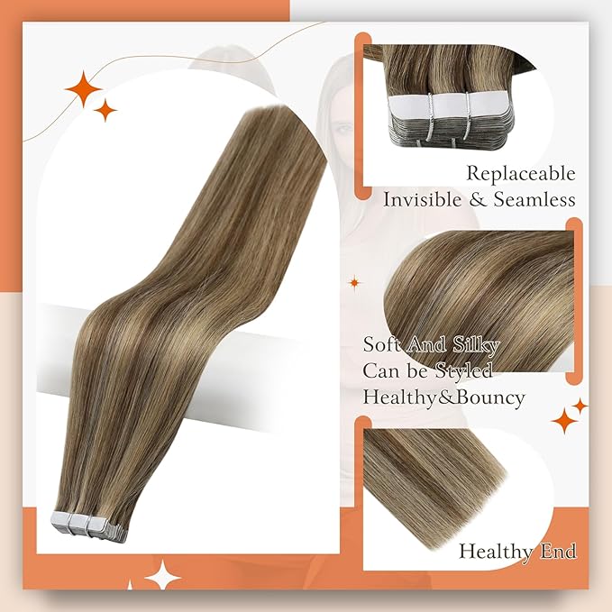 Full Shine Hair Extensions Real Human Hair Color 4P27 Medium Brown And Caramel Blonde Tape in Hair Extensions Cuticles Aligned Remy Seamless Skin Weft Brazilian Straight 20Inch 100G 40Pcs