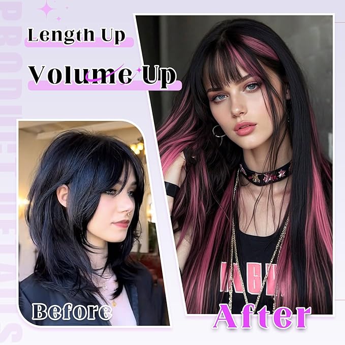 Vigorous Clip in Hair Extensions Straight 4Pcs Black Mix Purple Highlights Hair Extension 22 Inch Soft Full Head Weddings Party Daily Use for Women
