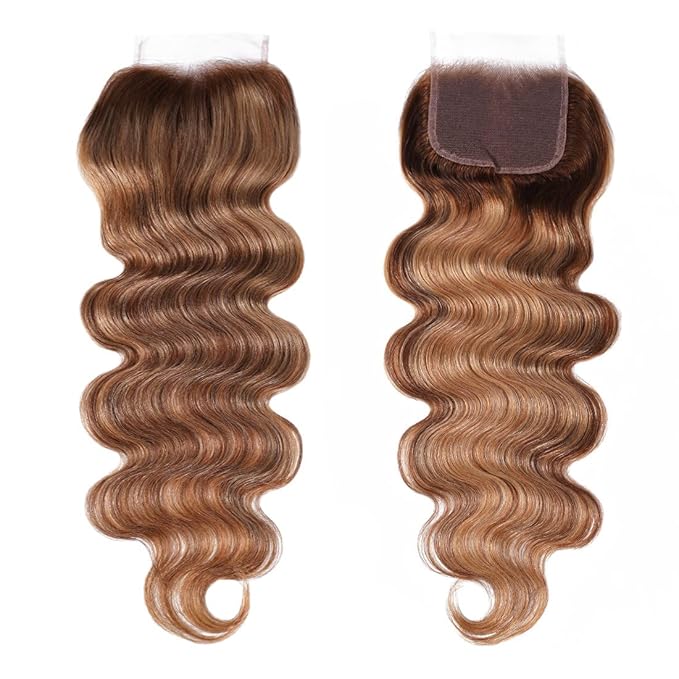UNICE Body Wave Honey Blonde Highlight Human Hair 3 Bundles with 4x4 lace closure Free Part Ombre 12A Remy Human Hair Weave Extensions 16 18 20+16 Inch Closure
