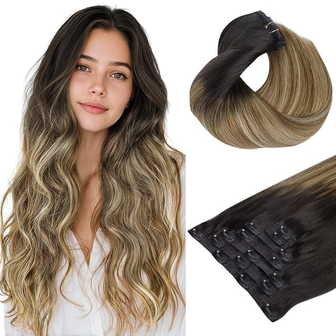 HOTBANANA Clip in Hair Extensions 24 inch 160g 7pcs Balayage Ombre Brown to Dirty Blonde Remy Human Hair Extensions Straight Hair Invisi Edge Clip Hair Full Head