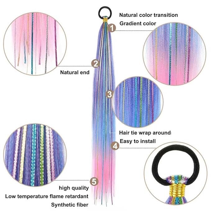 2 Pack Braid Ponytail Extensions, 26 Inch Braided Ponytail Wig with Elastic Tie for Girls (Purple/Blue/Pink#, 26 Inch (Pack of 2))