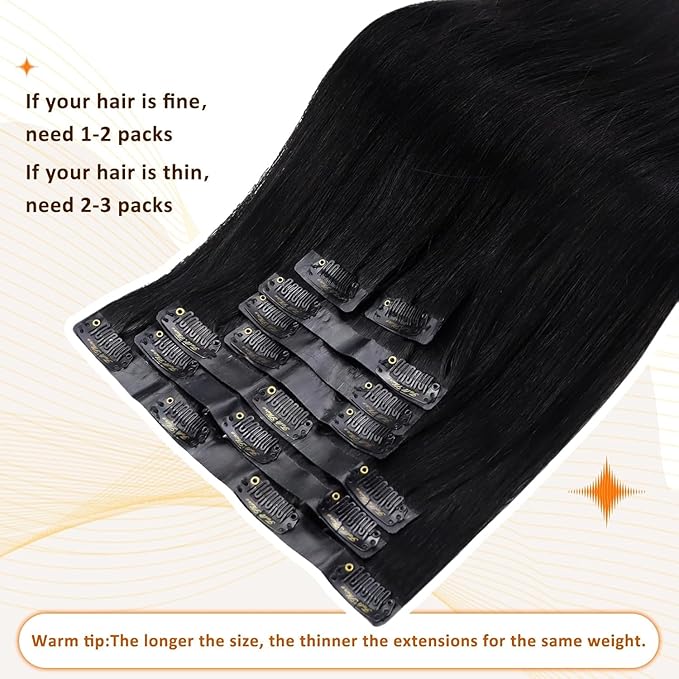 Full Shine 24 Inch Black Hair Extensions Clip in Human Hair Natural Black Invisible Clip ins Hair Extension Real Human Hair PU Weft for Long Hair 8 PCS 120 G
